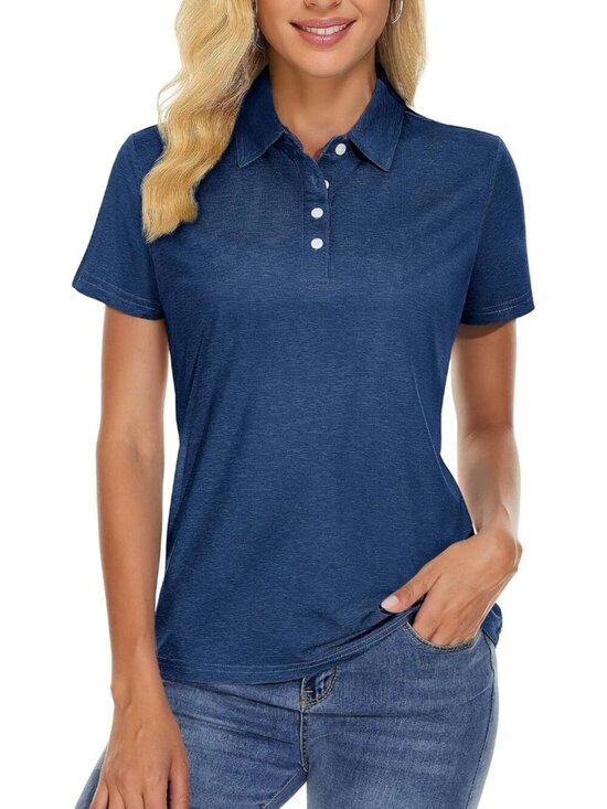 Tops - Womens Dark Blue Short Sleeve Golf Shirts 4-Button Quick Dry Collared Top forGym